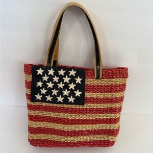 Q&A Straw Denim American Flag Handbag Small Patriotic USA Swag Natural Materials